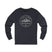 Navy long-sleeve shirt with 'Life Lived Untamed' graphic on a white background