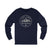 Navy blue long-sleeve shirt with 'Life Lived Untamed' graphic on a white background