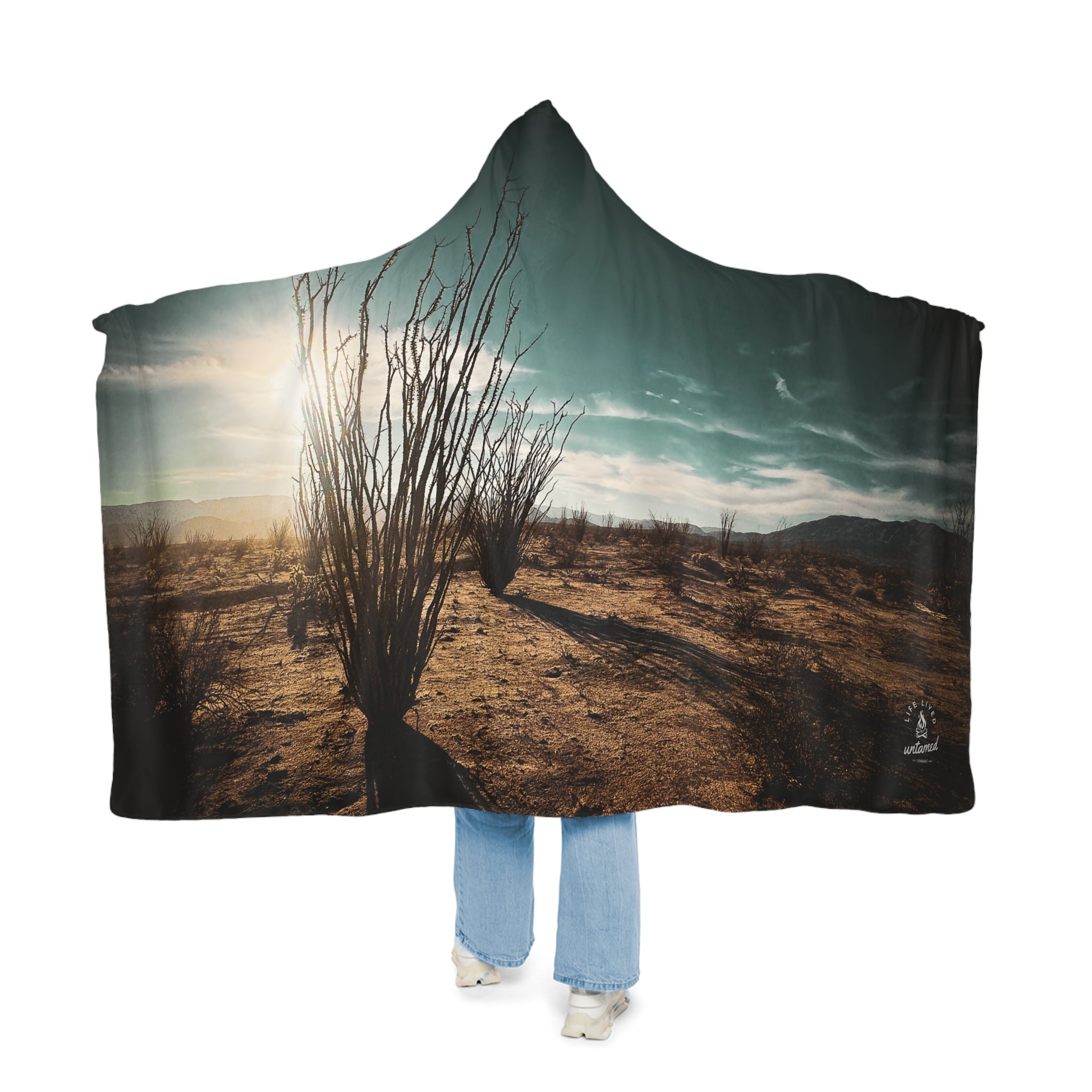 Person wearing a hoodie with a desert landscape design on a white background