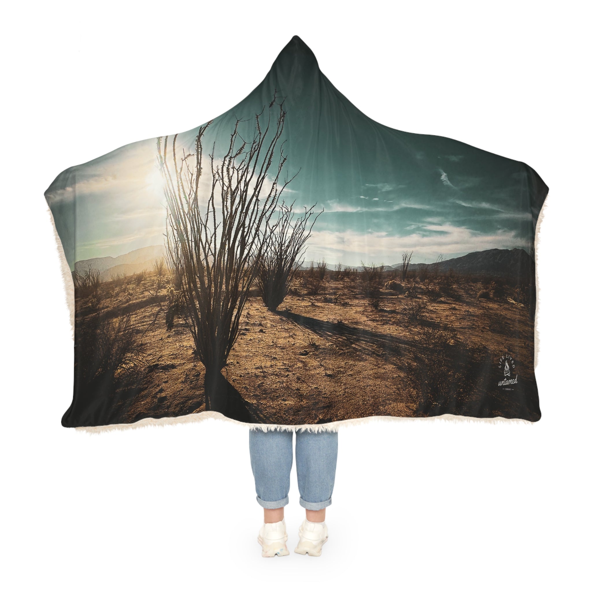 Person wearing a desert landscape-themed hooded blanket