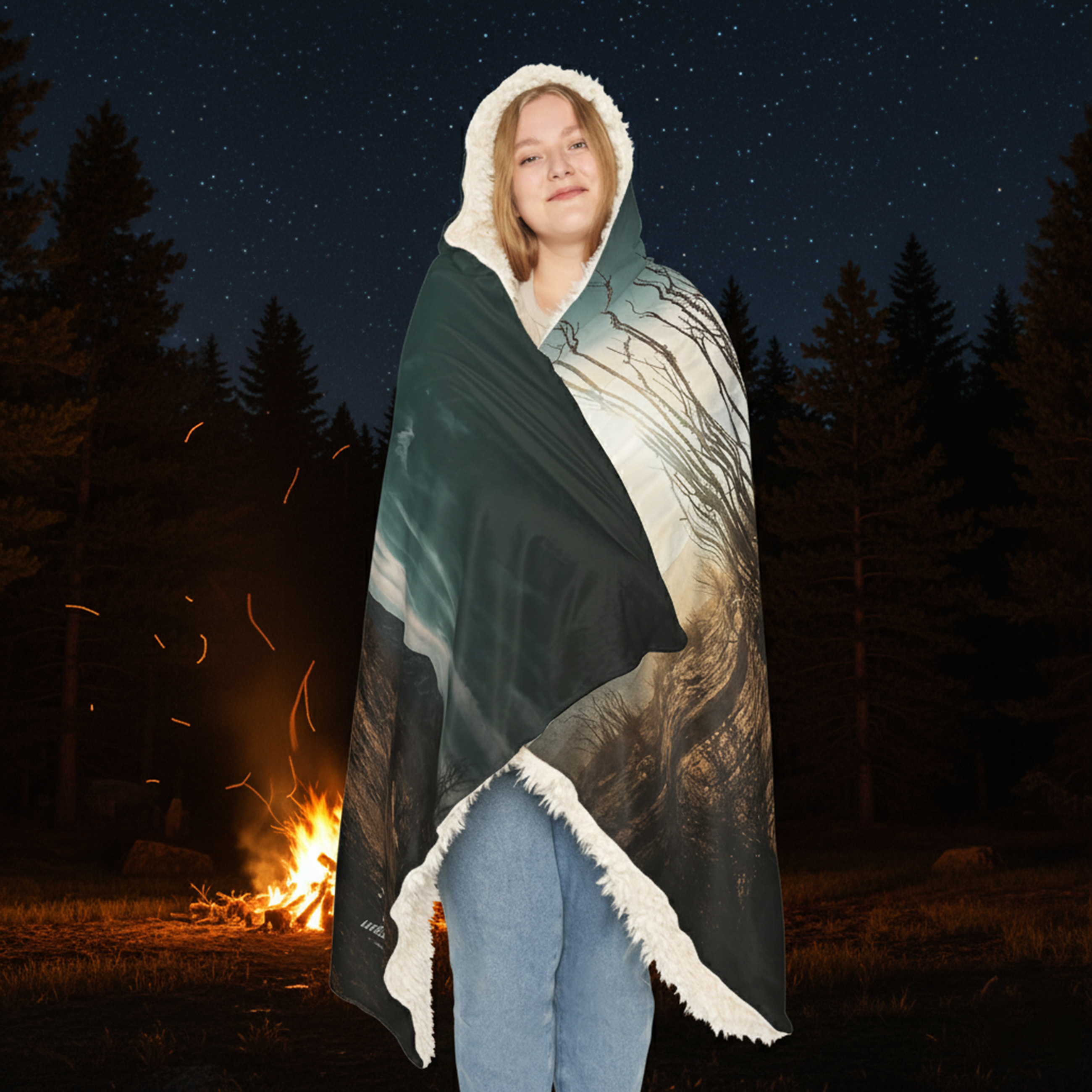 Person wrapped in a blanket with a nature design, standing by a campfire in a forest at night.
