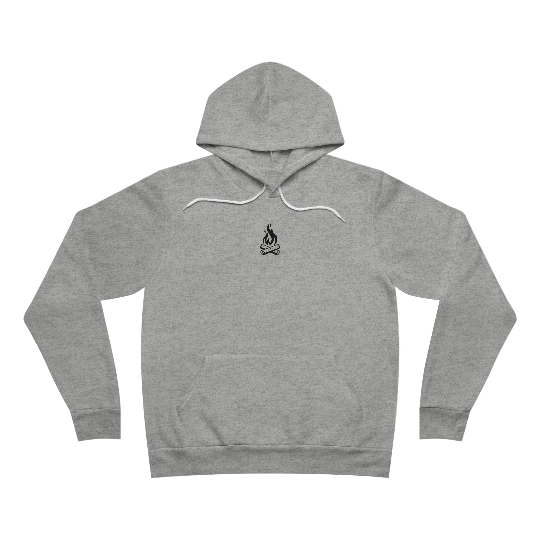 Gray hoodie with a small campfire in the center of chest area