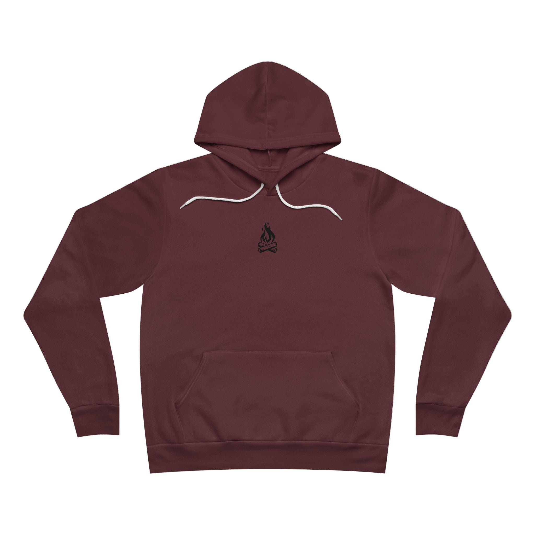 Maroon hoodie with a small campfire in the center of chest area