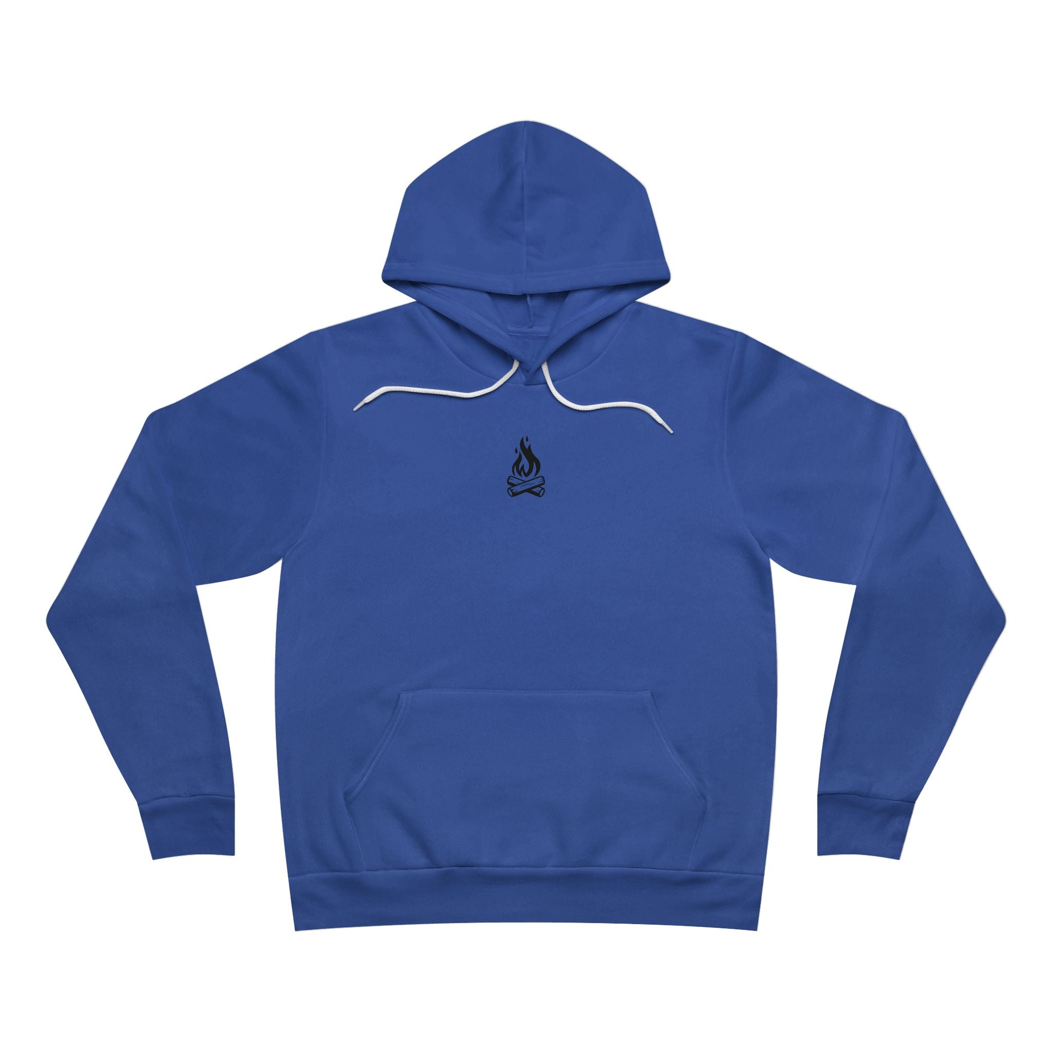 True royal blue hoodie with a small campfire in the center of chest area