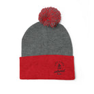 Gray and red beanie with pom-pom on a white background