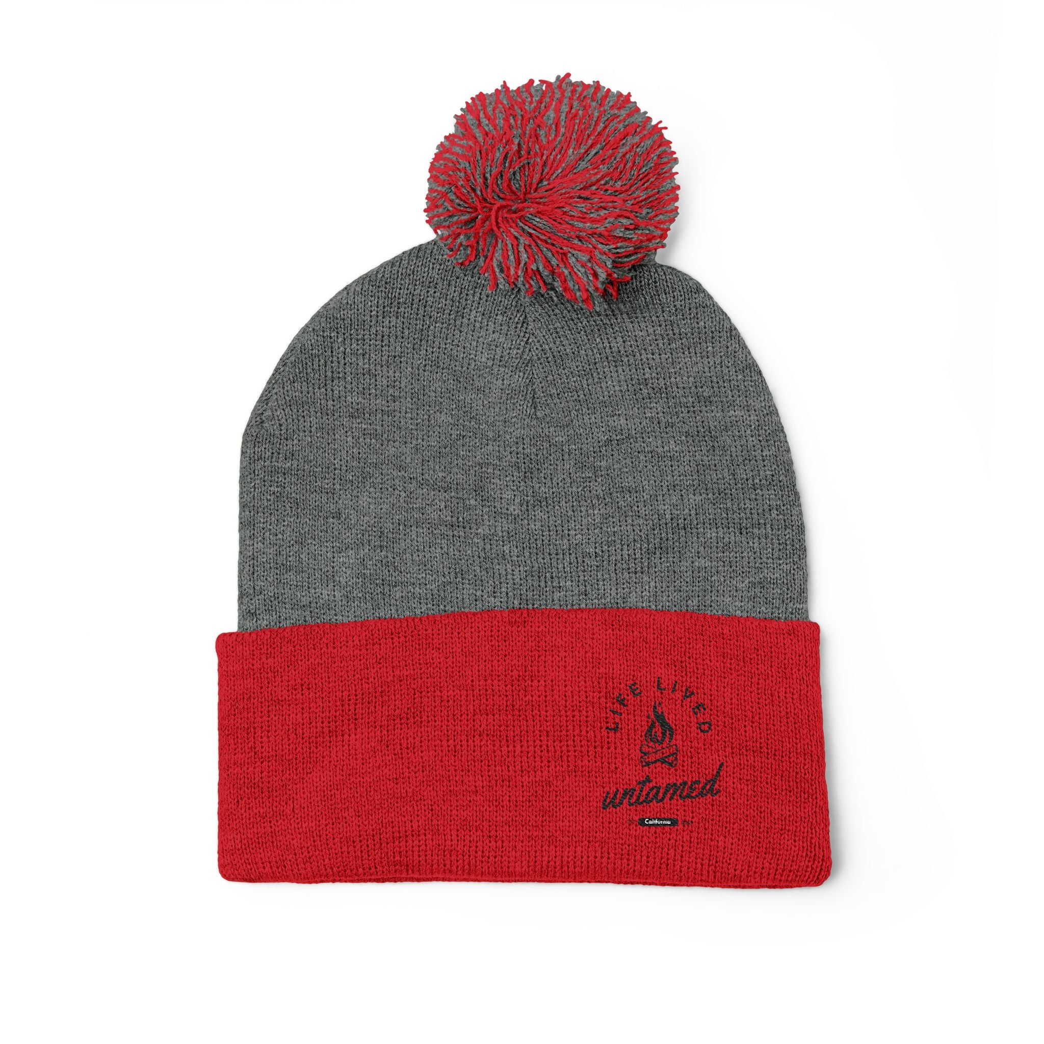 Gray and red beanie with pom-pom on a white background