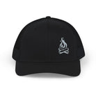 Black cap with a gray campfire logo on a white background