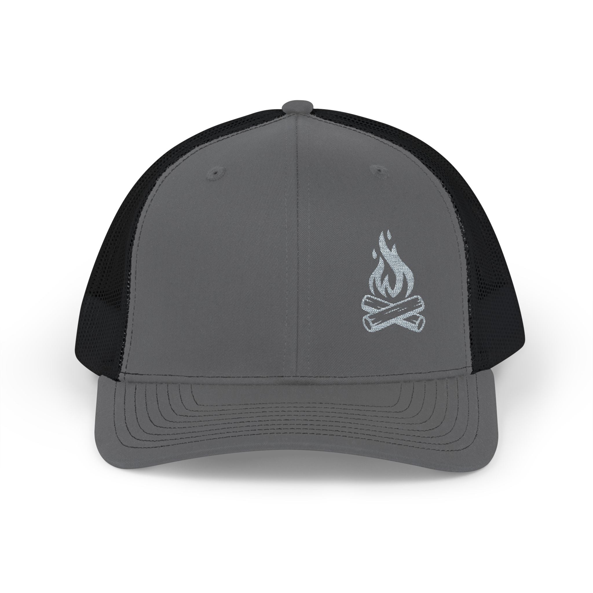 Charcoal and black cap with a logo on a white background