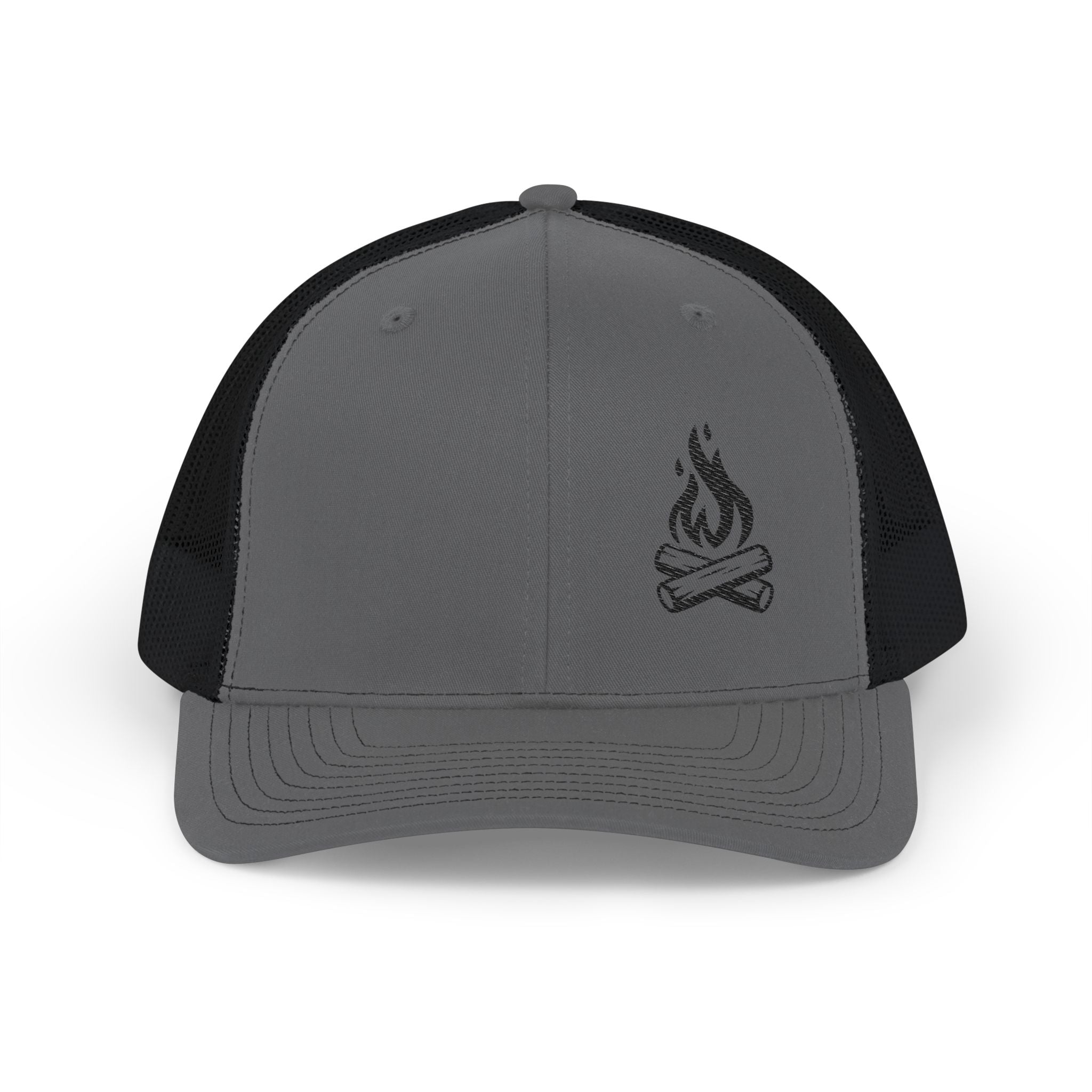 The hat has a mesh back and a solid front with a small, black embroidered campfire with logs and flames.