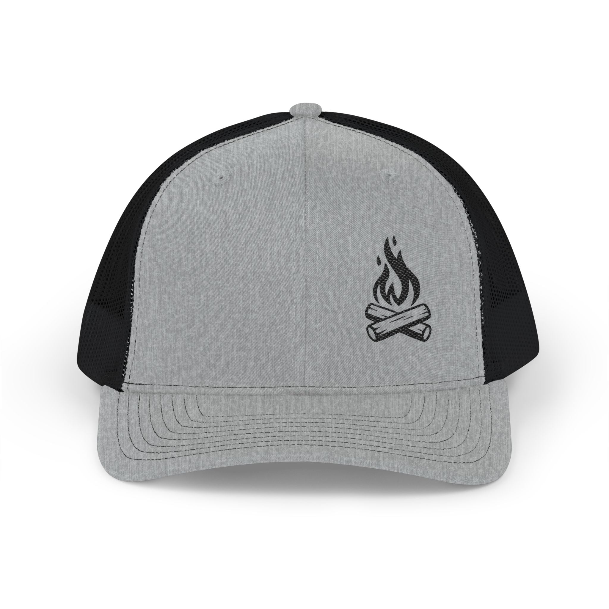 A light gray and black trucker hat displayed on a white background. The hat has a mesh back and a solid front with a small, black embroidered campfire with logs and flames.