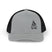 A light gray and black trucker hat displayed on a white background. The hat has a mesh back and a solid front with a small, black embroidered campfire with logs and flames.