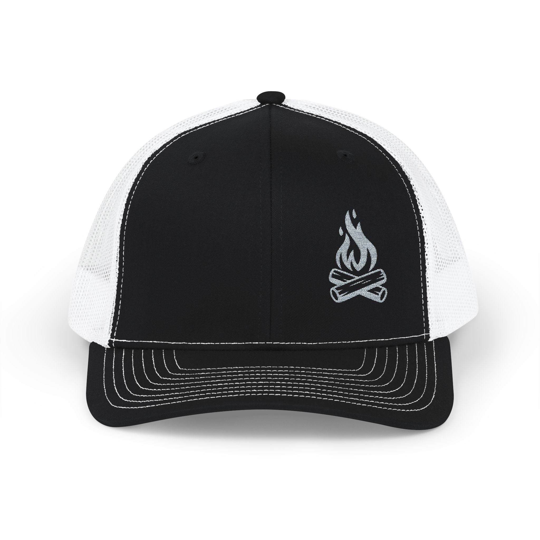 Black and white cap with a campfire logo on a white background