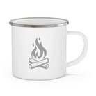 White enamel mug with a campfire design on it. 
