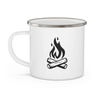 White mug with a black campfire design on a white background.