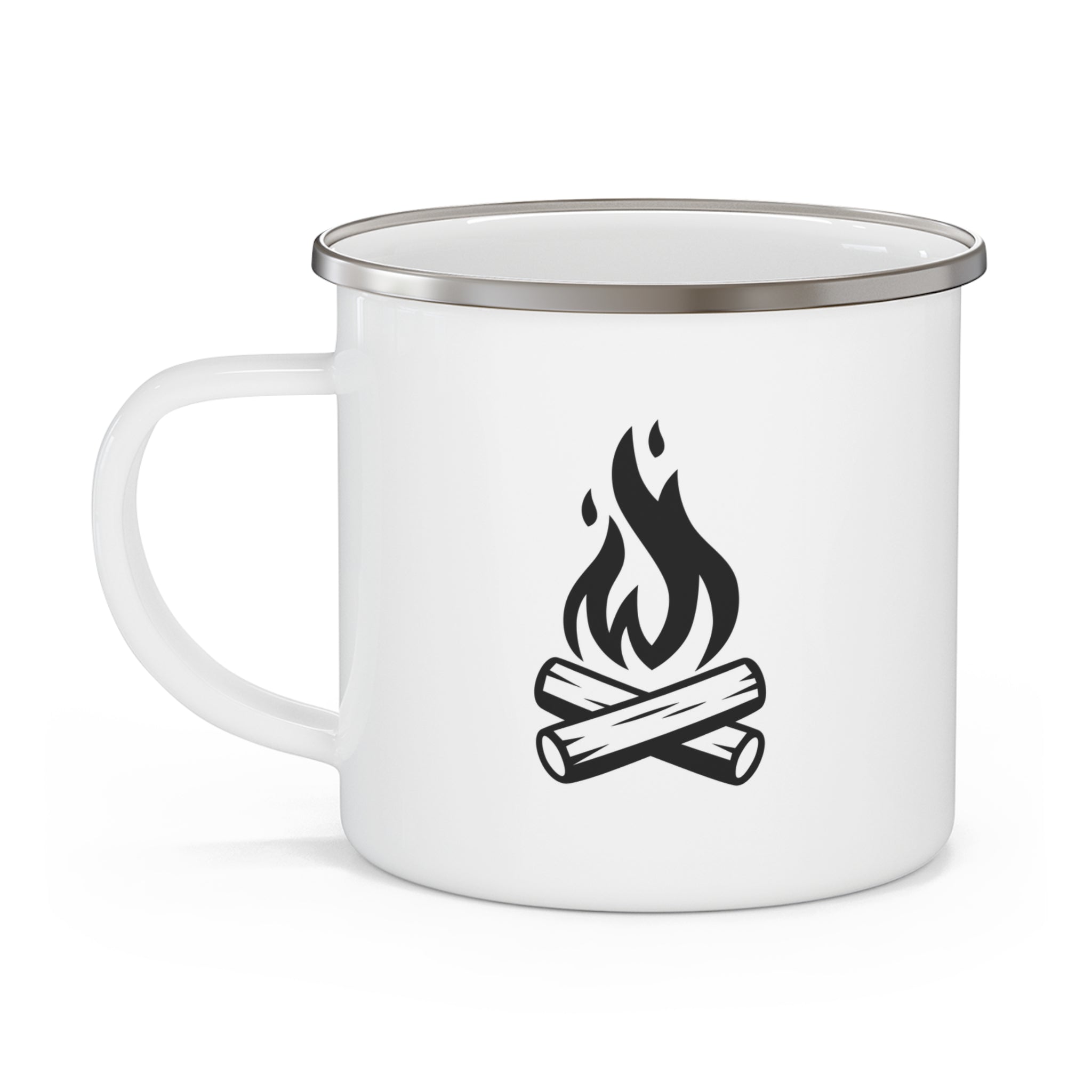 White mug with a black campfire design on a white background.