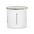 'lifeliveduntamed.com' text on a white enamel mug. 