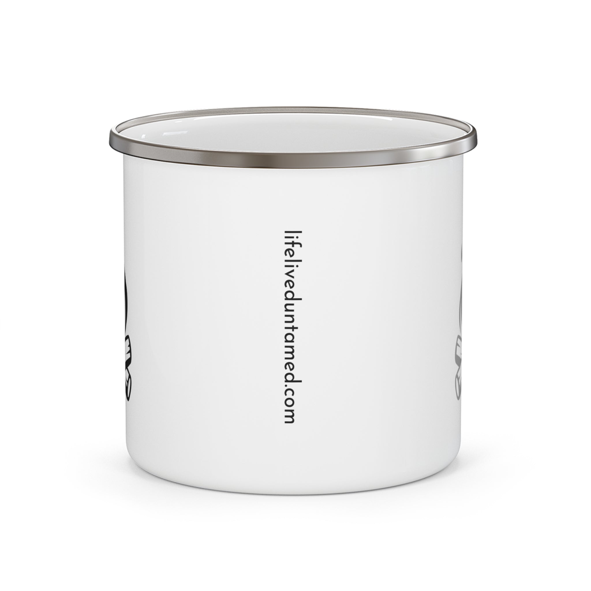 'lifeliveduntamed.com' text on a white enamel mug. 