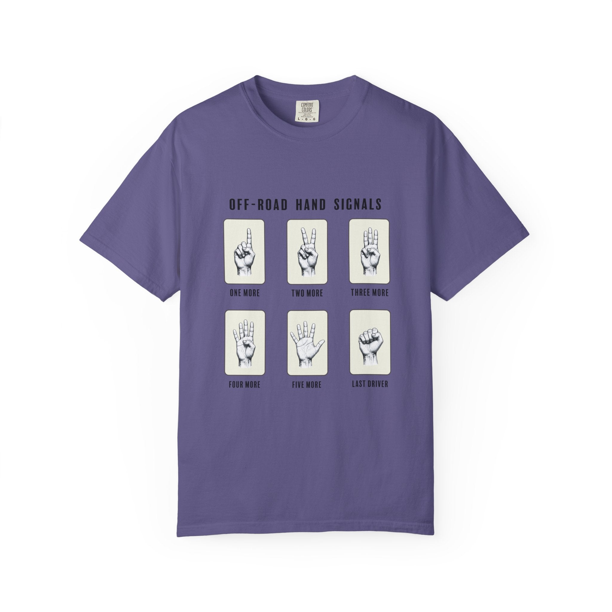 Grape t-shirt with off-road hand signals graphic on a white background