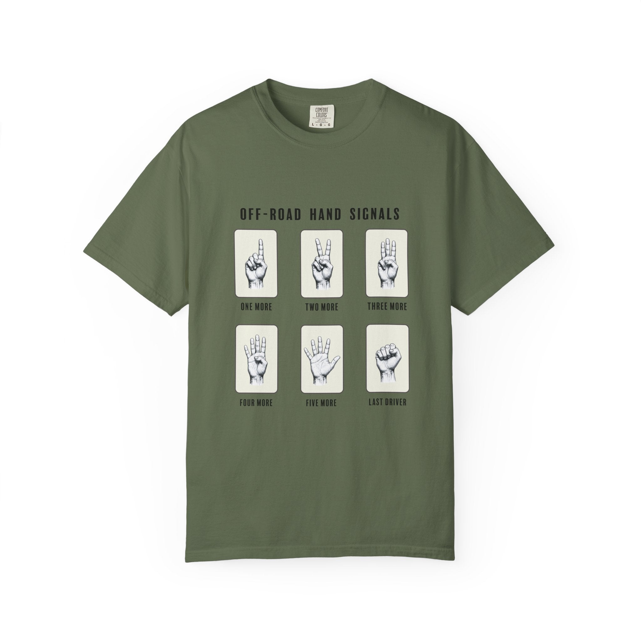 Sage Green t-shirt with off-road hand signals design on a white background