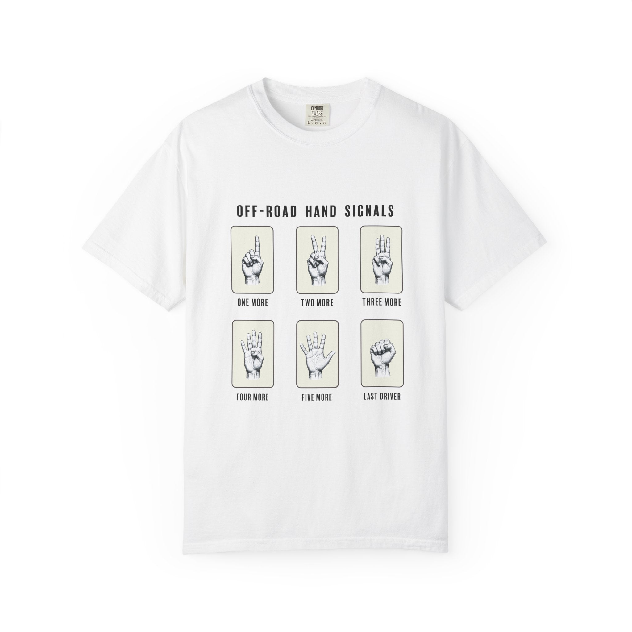 White t-shirt with off-road hand signals graphic on a white background