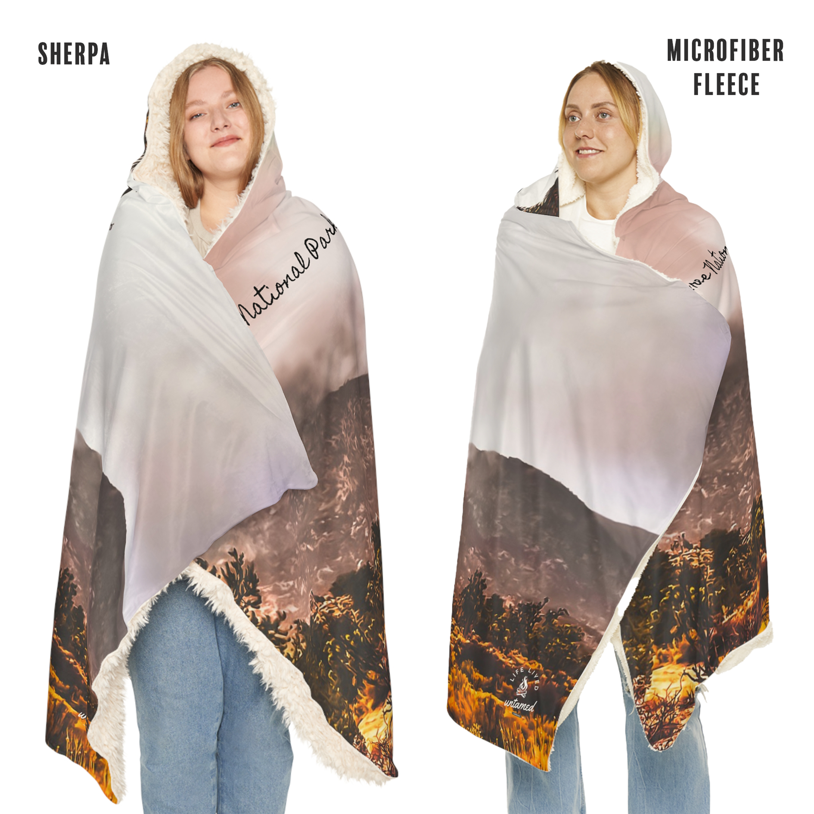 Two people wearing a landscape-themed blanket with 'National Park' text, one labeled 'Sherpa' and the other 'Microfiber Fleece'.
