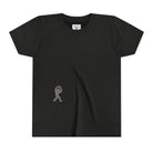 Black Heather t-shirt with small black Sasquatch graphic on lower front on a white background