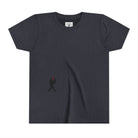Heather Navy t-shirt with small black Sasquatch graphic on lower front on a white background