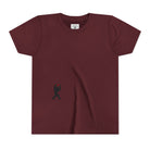 Maroon t-shirt with small black Sasquatch graphic on lower front on a white background