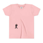 Pink t-shirt with small black Sasquatch graphic on lower front on a white background