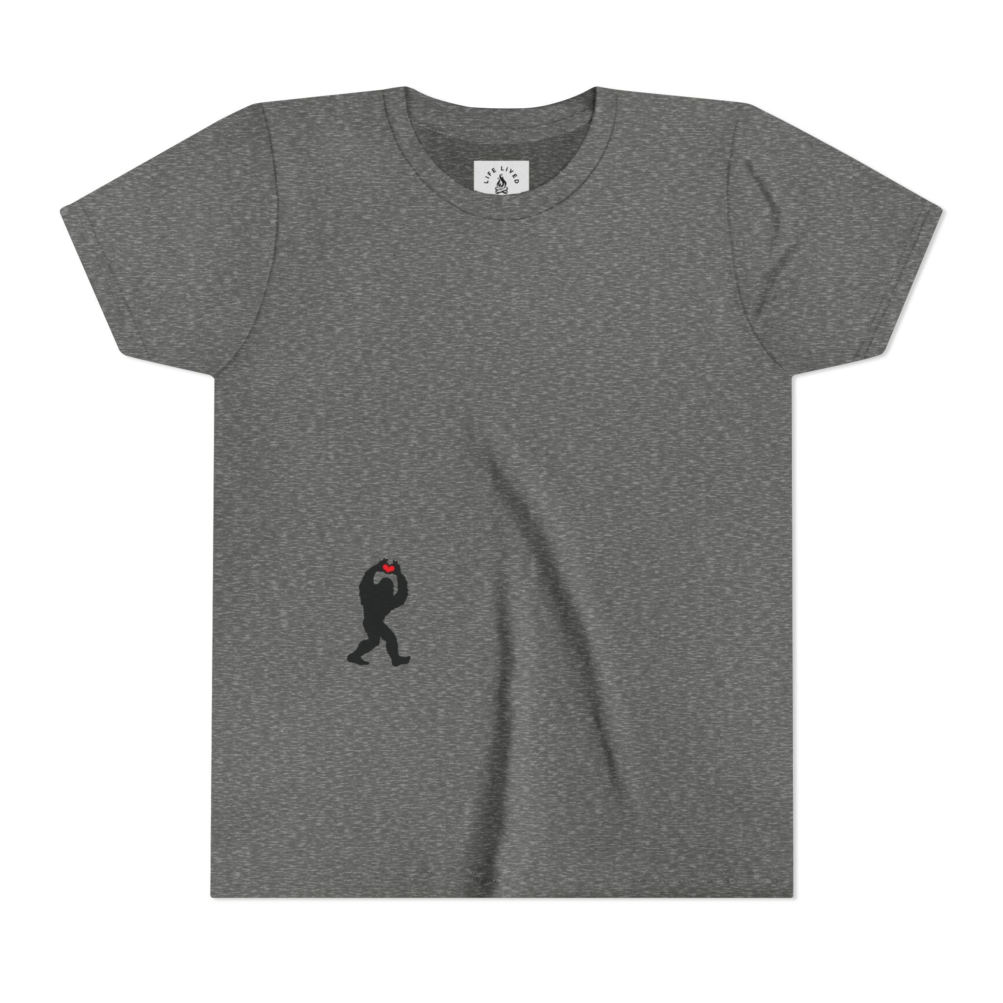 Deep Gray t-shirt with small black Sasquatch graphic on lower front on a white background