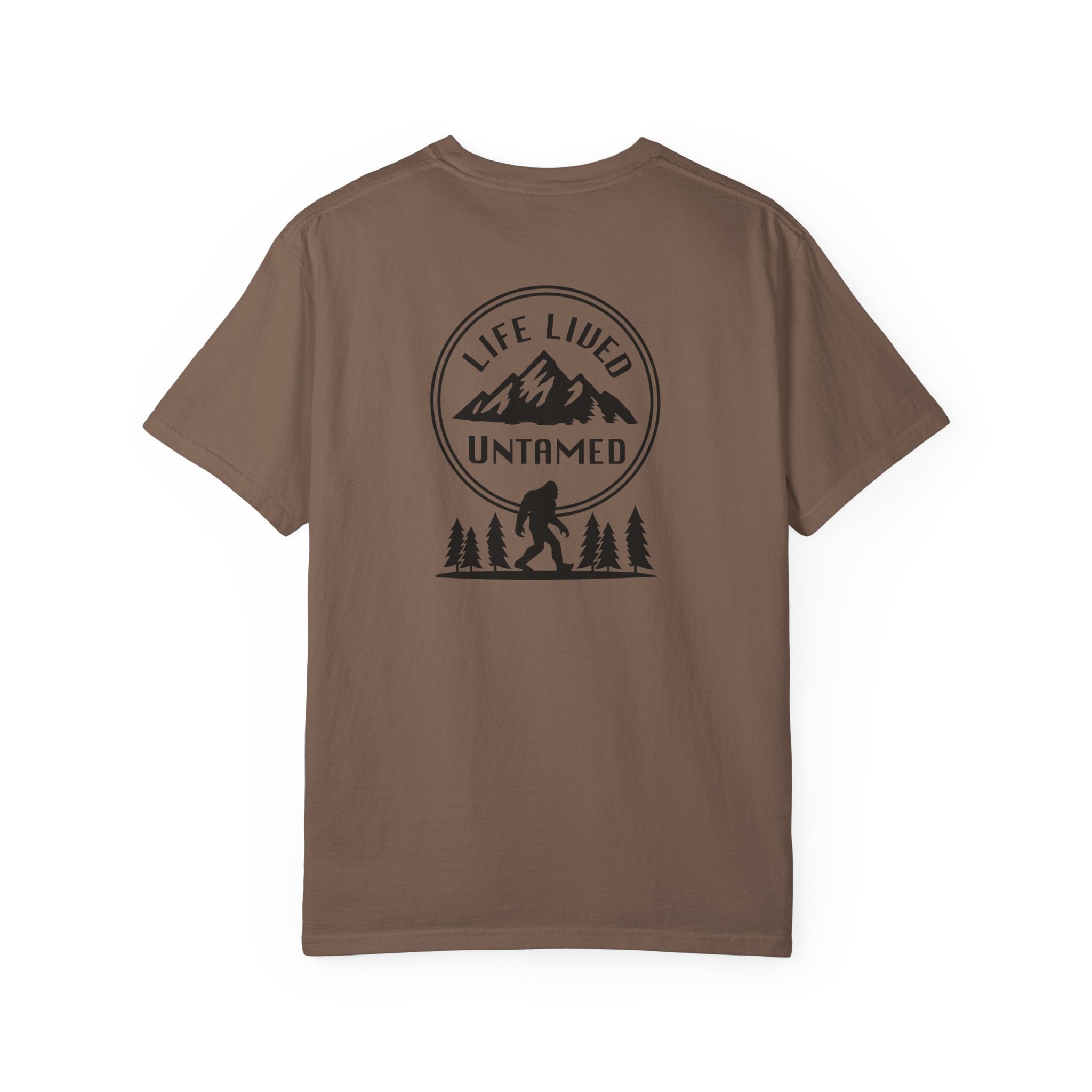 Expresso t-shirt  with a graphic design on the back featuring mountains, trees, and a silhouette of a Sasquatch