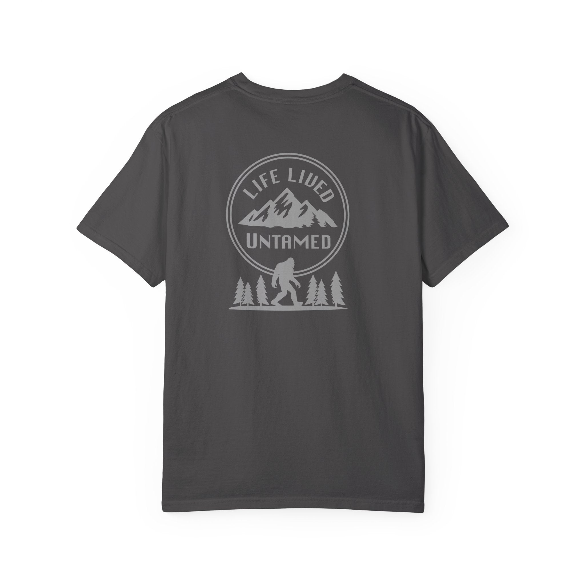Graphite t-shirt with a light gray graphic design on the back featuring mountains, trees, and a silhouette of a Sasquatch