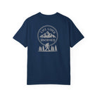 Navy blue t-shirt with a light gray graphic design on the back featuring mountains, trees, and a silhouette of a Sasquatch
