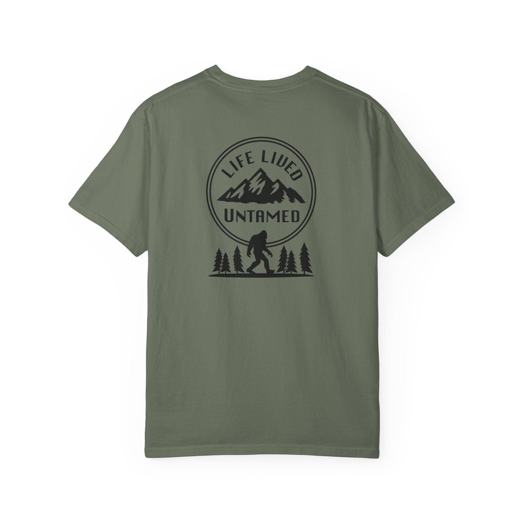 Sage Green t-shirt with a black graphic design on the back featuring mountains, trees, and a silhouette of a Sasquatch
