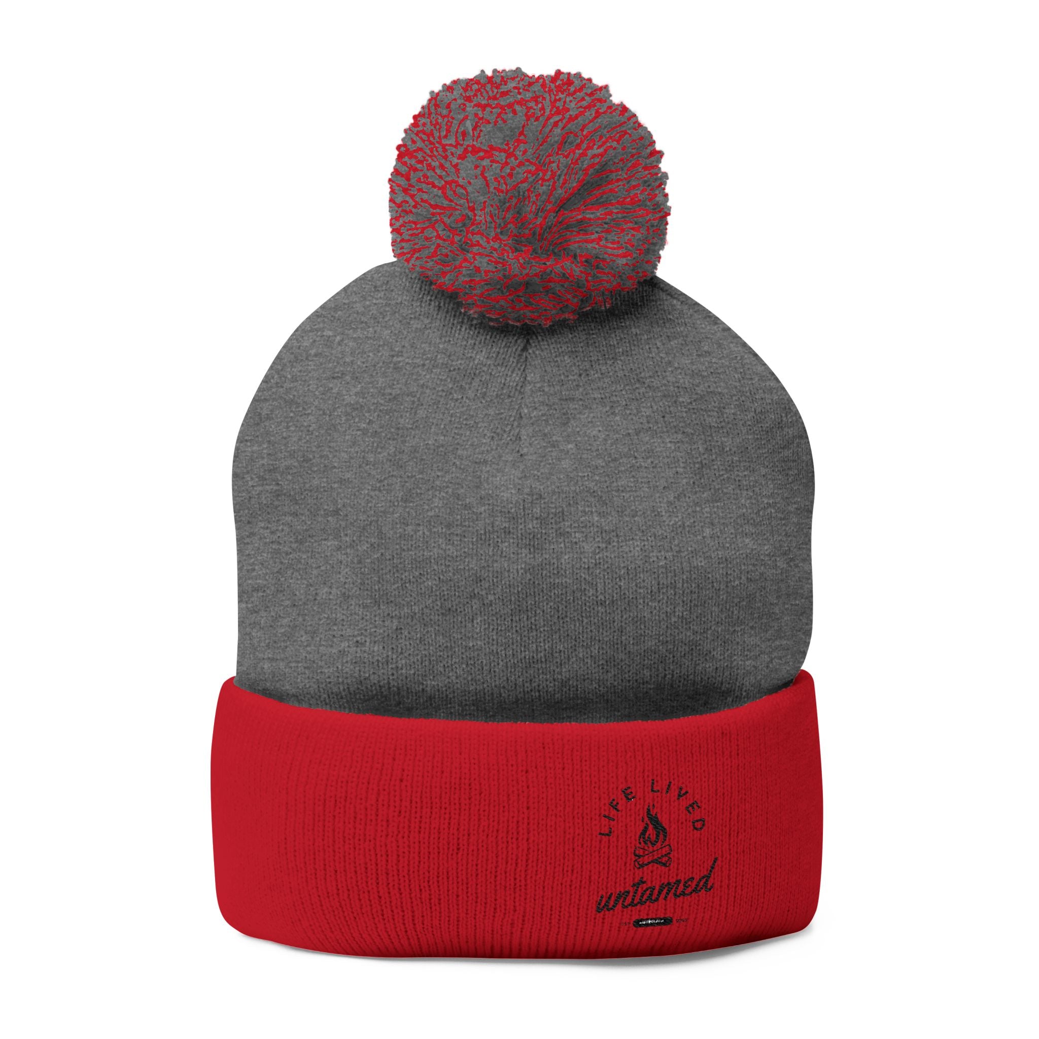 Dark Heather gray/red beanie with a pom-pom at the top