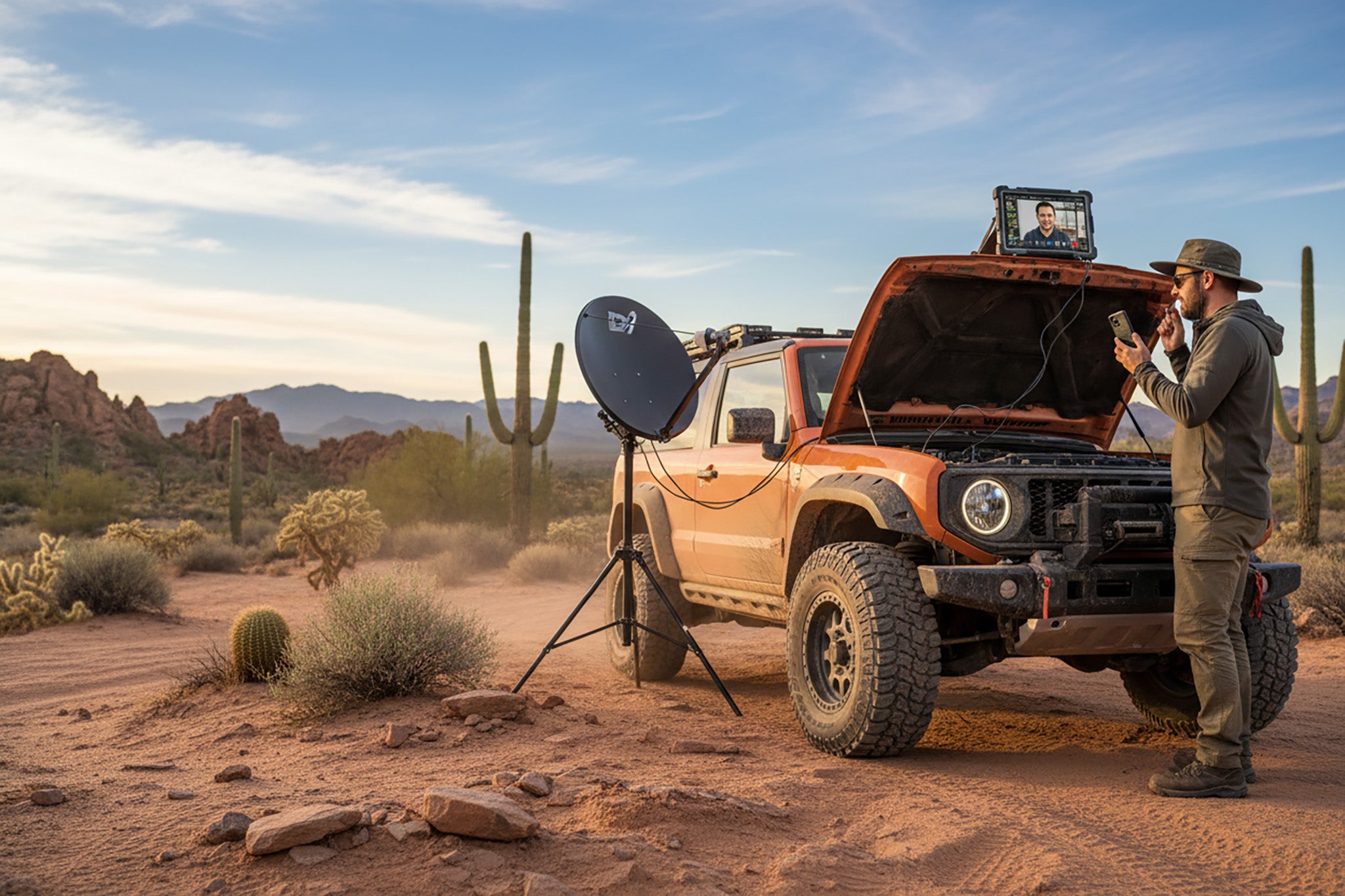 LLU support in a desert setting with an open truck, satellite dish, and TV screen displaying a person.