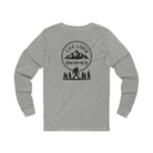 Athletic Heather Gray long-sleeve shirt with a black graphic design on the back featuring mountains, trees, and a silhouette of a Sasquatch against a white background