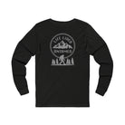 Black Heather long-sleeve shirt with a black graphic design on the back featuring mountains, trees, and a silhouette of a Sasquatchagainst a white background