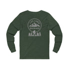 Heather Forest Green long-sleeve shirt with with a black graphic design on the back featuring mountains, trees, and a silhouette of a Sasquatchagainst a white background