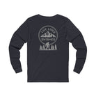 Heather Navy long-sleeve shirt with a black graphic design on the back featuring mountains, trees, and a silhouette of a Sasquatch against a white background