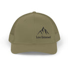 Loden cap with 'Live Untamed' and mountain logo on a white background