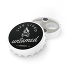 Displaying front and back of bottle cap with 'Life Lived Untamed' branding on a white background