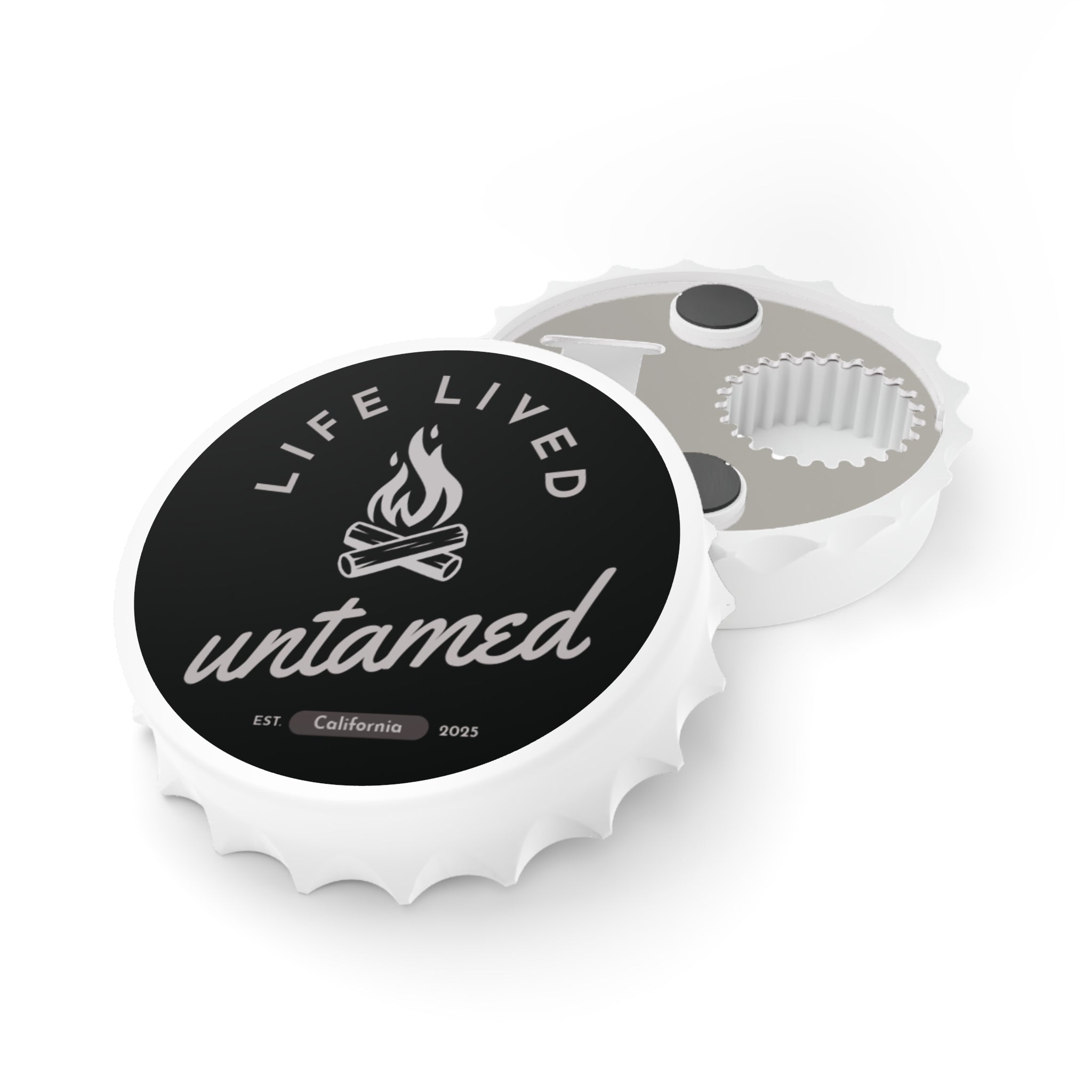 Displaying front and back of bottle cap with 'Life Lived Untamed' branding on a white background