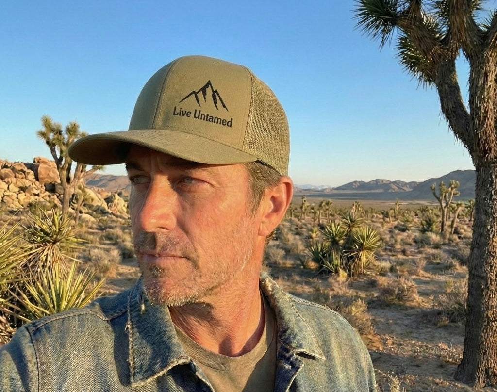 Man wearing a cap with 'Live Untamed' text in a desert landscape