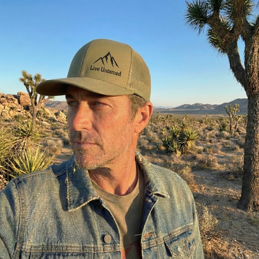 Man wearing a cap with a mountain and 'Live Untamed' text in a desert landscape