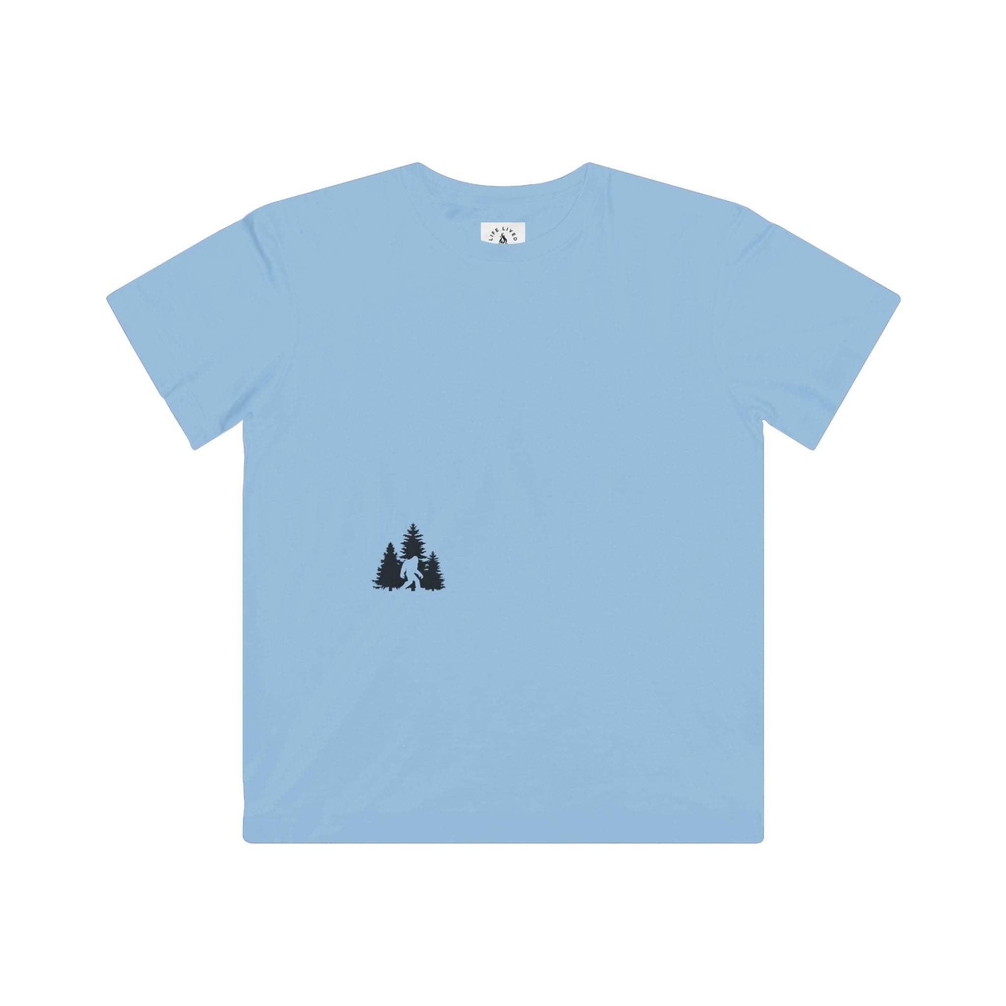 Light blue t-shirt with Sasquatch in Wilderness design.