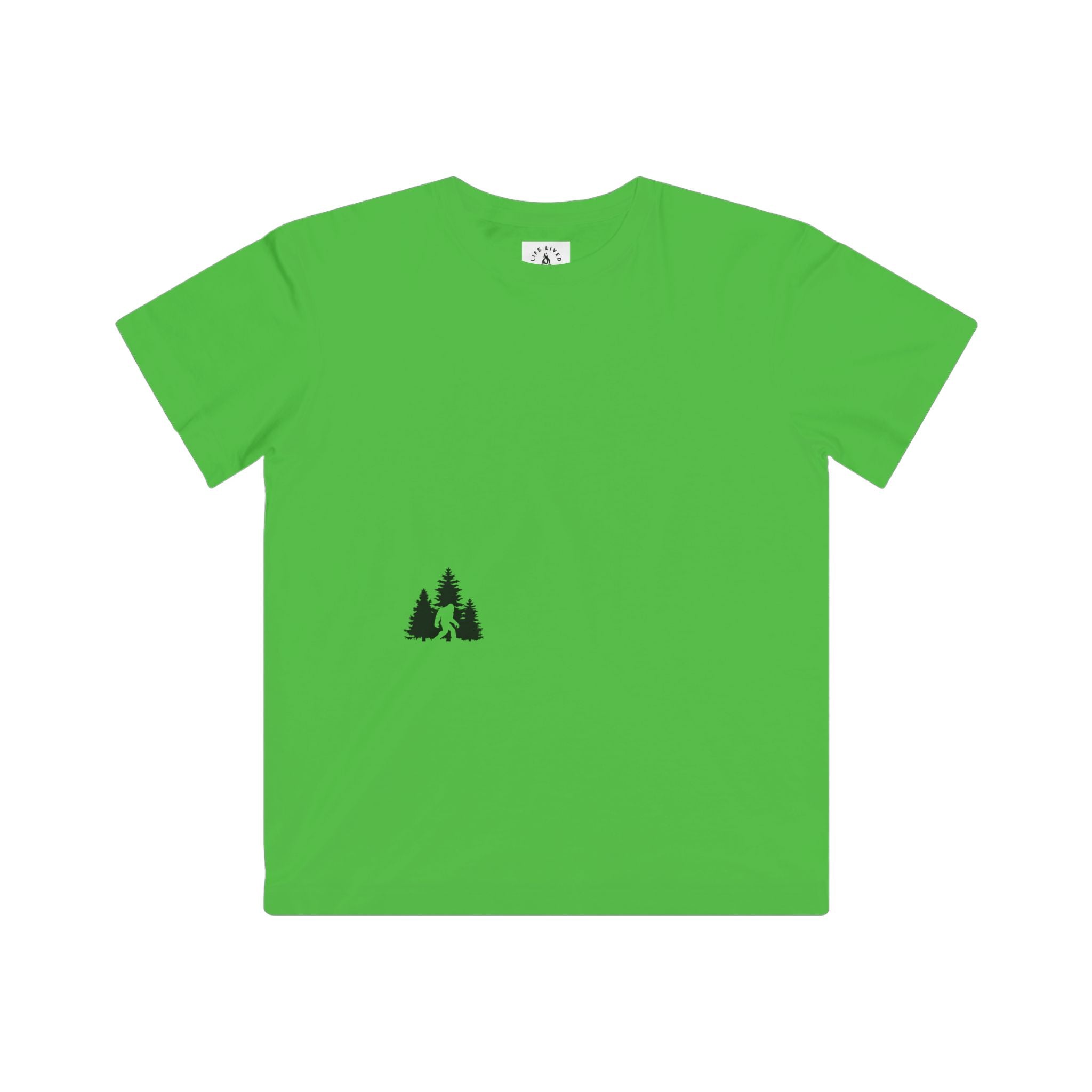 Green t-shirt with Sasquatch in Wilderness design.