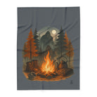 Camping scene with campfire, boots, and teapot on a gray background