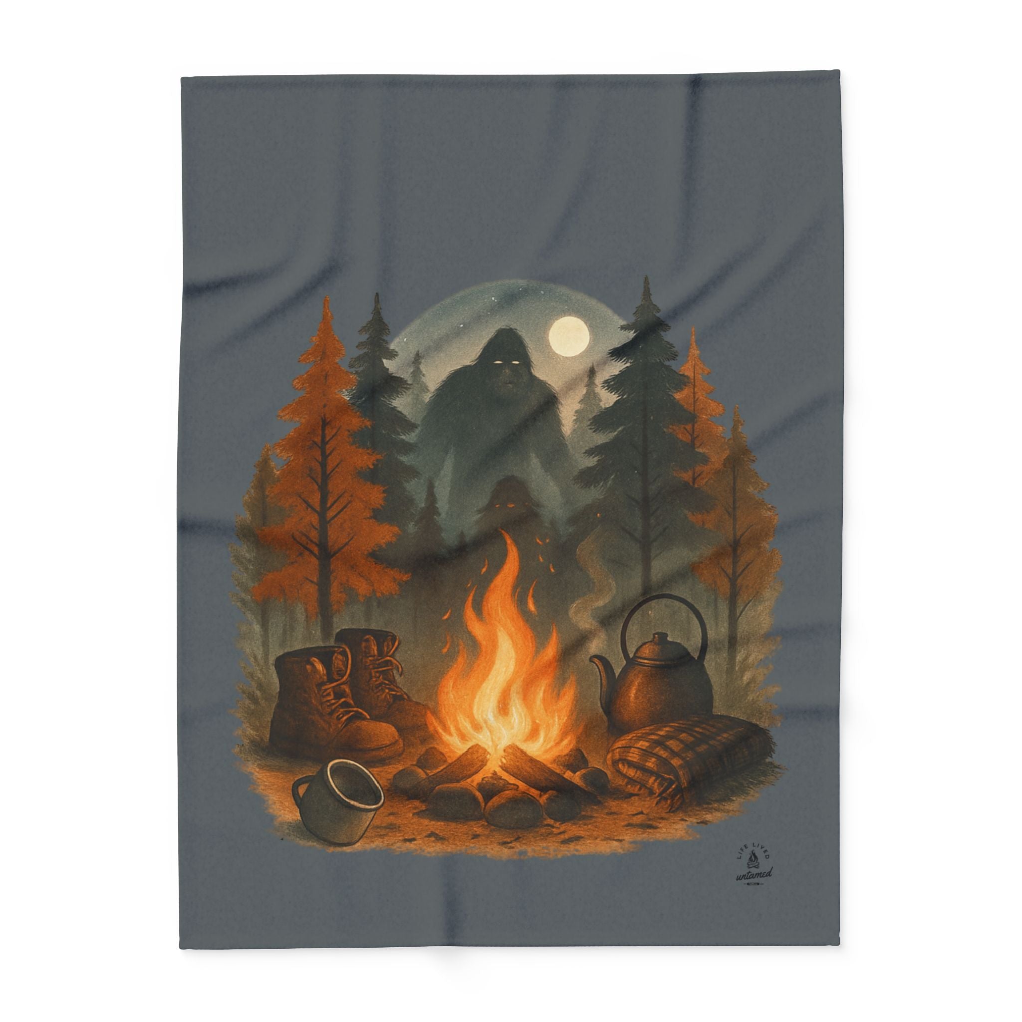 Camping scene with campfire, boots, and teapot on a gray background
