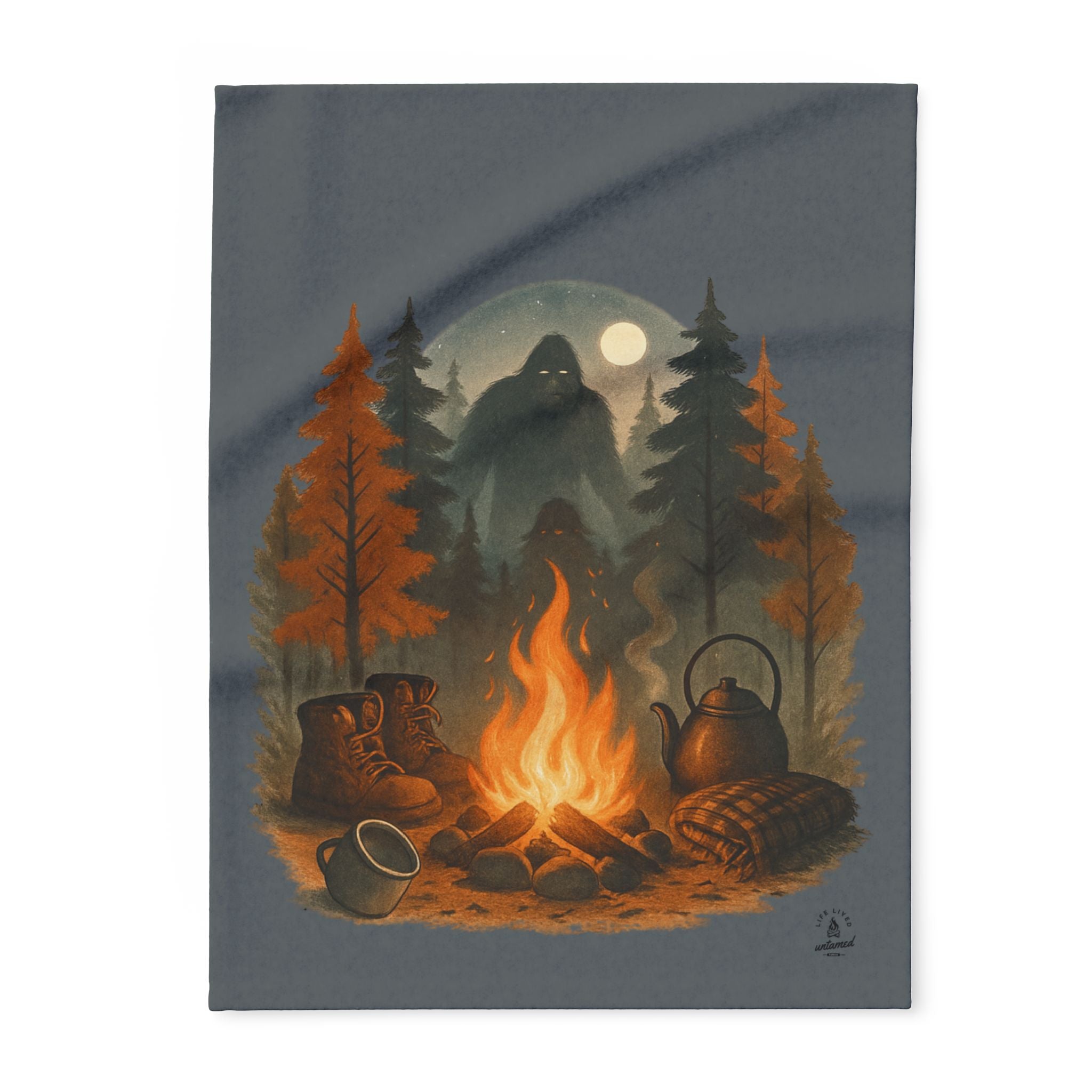 Blanket offers illustration of a campfire scene with trees, boots, and a teapot in a forest setting.